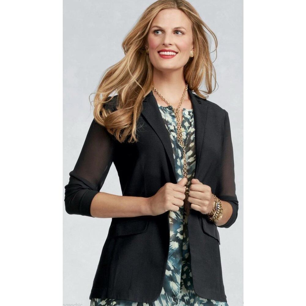 Cabi Women's Black Sheer Sleeve Blazer Size 6 Size Old Money Tailored Sleek